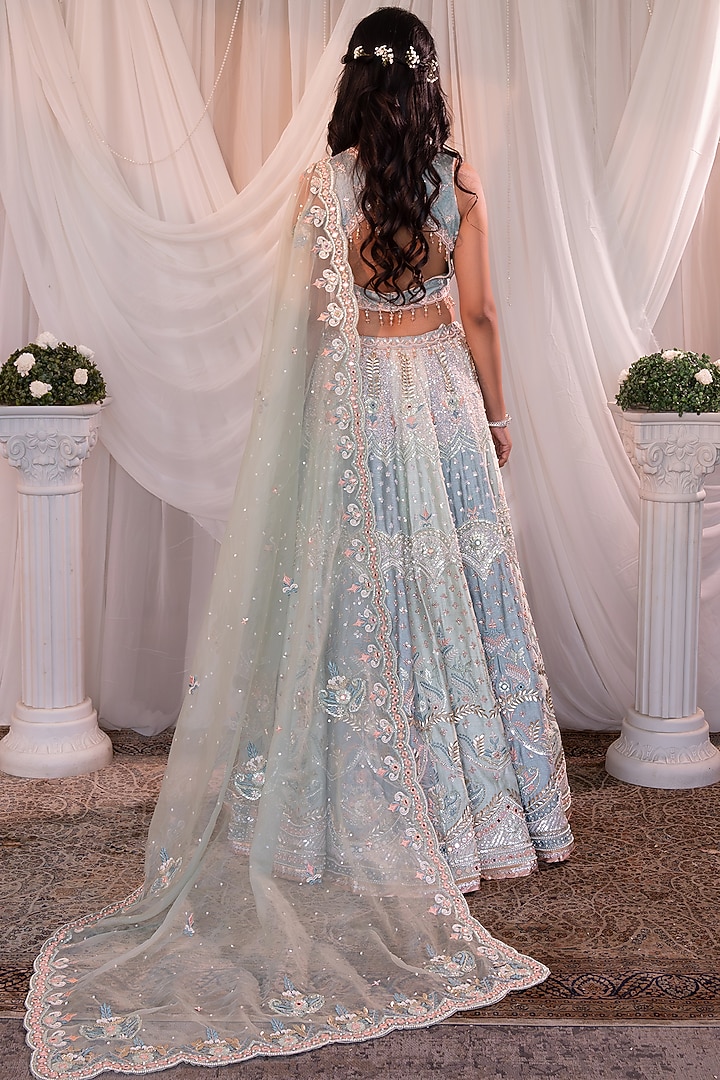 Mint Blue Dupion Embroidered Wedding Lehenga Set by Shashank Arya at Pernia's Pop Up Shop