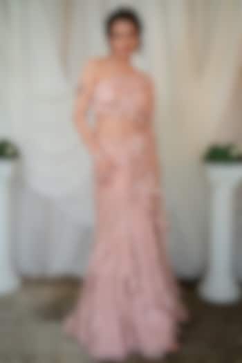 Old Rose Georgette Sequins Embroidered Concept Frilled Wedding Saree Set by Shashank Arya at Pernia's Pop Up Shop
