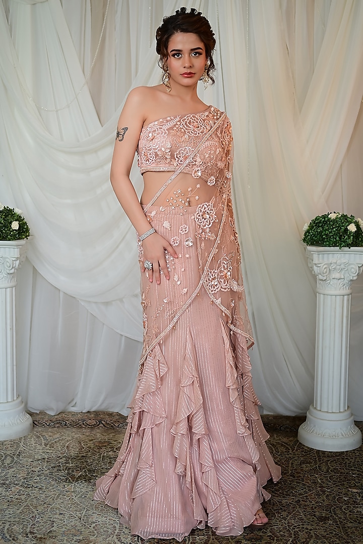 Old Rose Georgette Sequins Embroidered Concept Frilled Wedding Saree Set by Shashank Arya at Pernia's Pop Up Shop