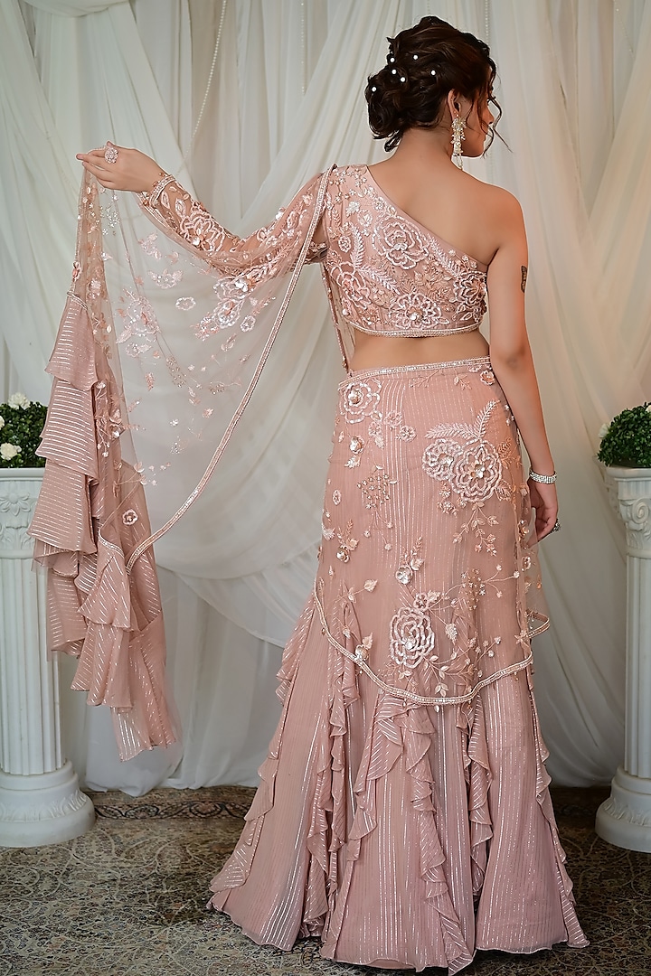 Old Rose Georgette Sequins Embroidered Concept Frilled Wedding Saree Set by Shashank Arya at Pernia's Pop Up Shop