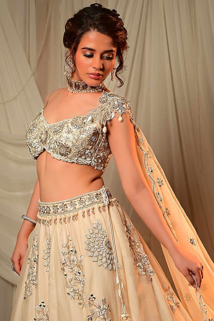 Ivory Organza Pearl Work Wedding Lehenga Set by Shashank Arya at Pernia's Pop Up Shop