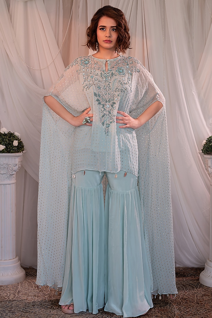 Blue Mukaish Georgette Embellished Party Wear Sharara Set by Shashank Arya at Pernia's Pop Up Shop
