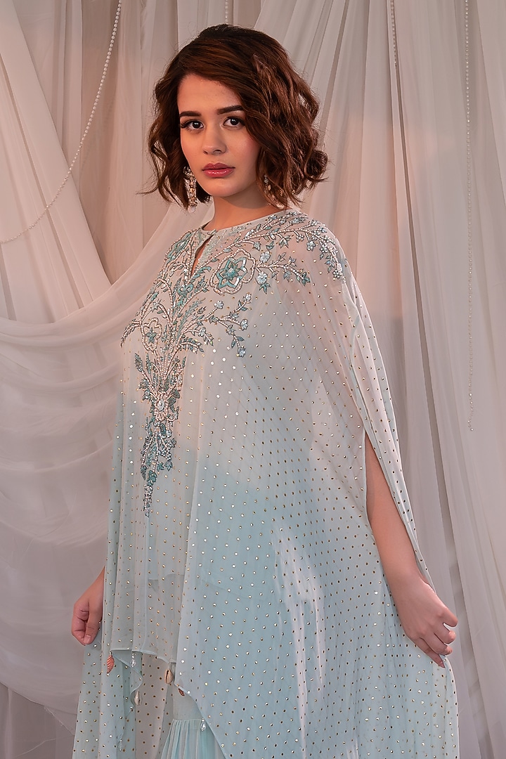 Blue Mukaish Georgette Embellished Wedding Sharara Set by Shashank Arya at Pernia's Pop Up Shop