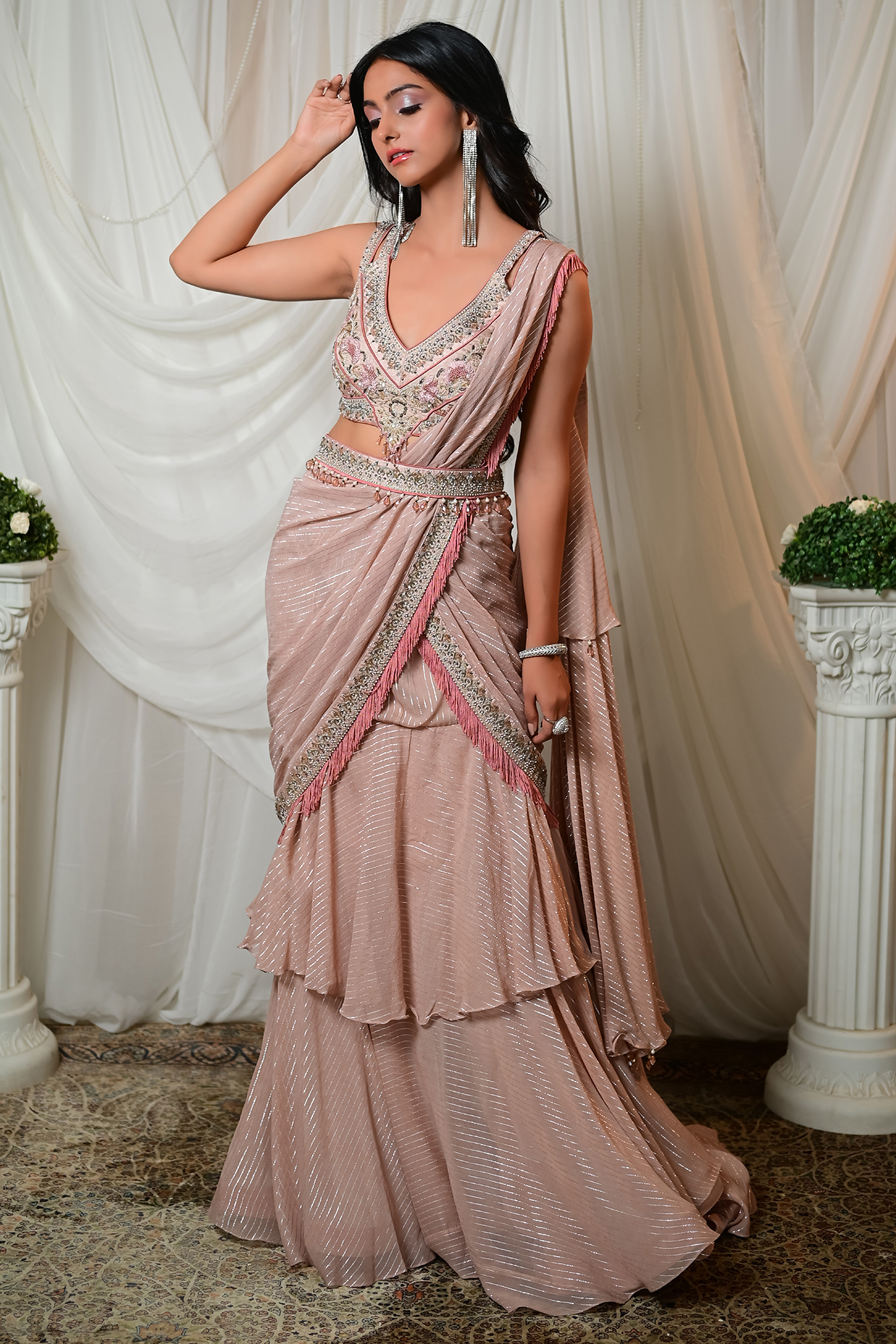 Old Rose Striped Georgette Concept Wedding Saree Set by Shashank Arya at Pernia's Pop Up Shop