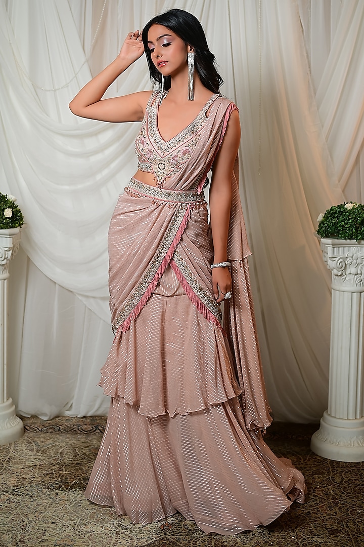 Old Rose Striped Georgette Concept Wedding Saree Set by Shashank Arya at Pernia's Pop Up Shop