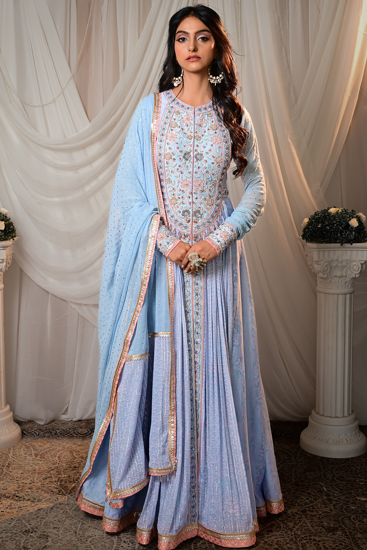 Powder Blue Chanderi Block Printed & Zardosi Embroidered Wedding Anarkali Set by Shashank Arya at Pernia's Pop Up Shop