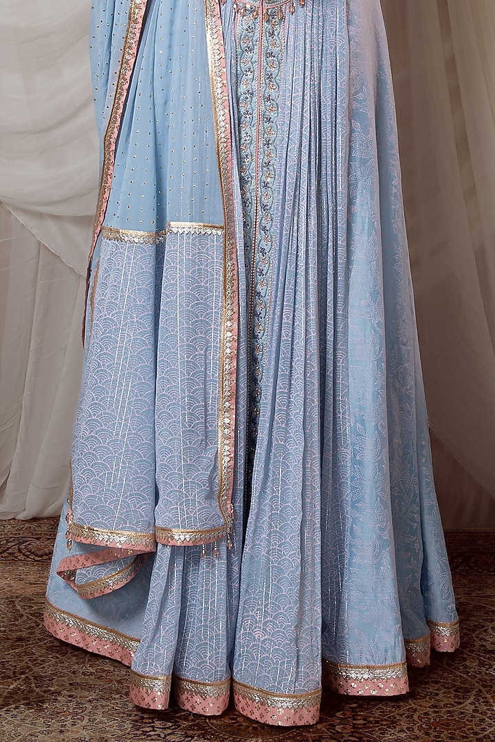 Powder Blue Chanderi Block Printed & Zardosi Embroidered Wedding Anarkali Set by Shashank Arya at Pernia's Pop Up Shop