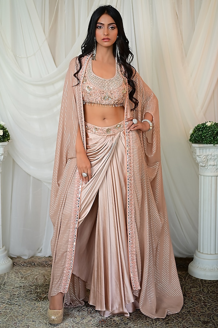 Old Rose Striped Georgette Cape Set by Shashank Arya at Pernia's Pop Up Shop