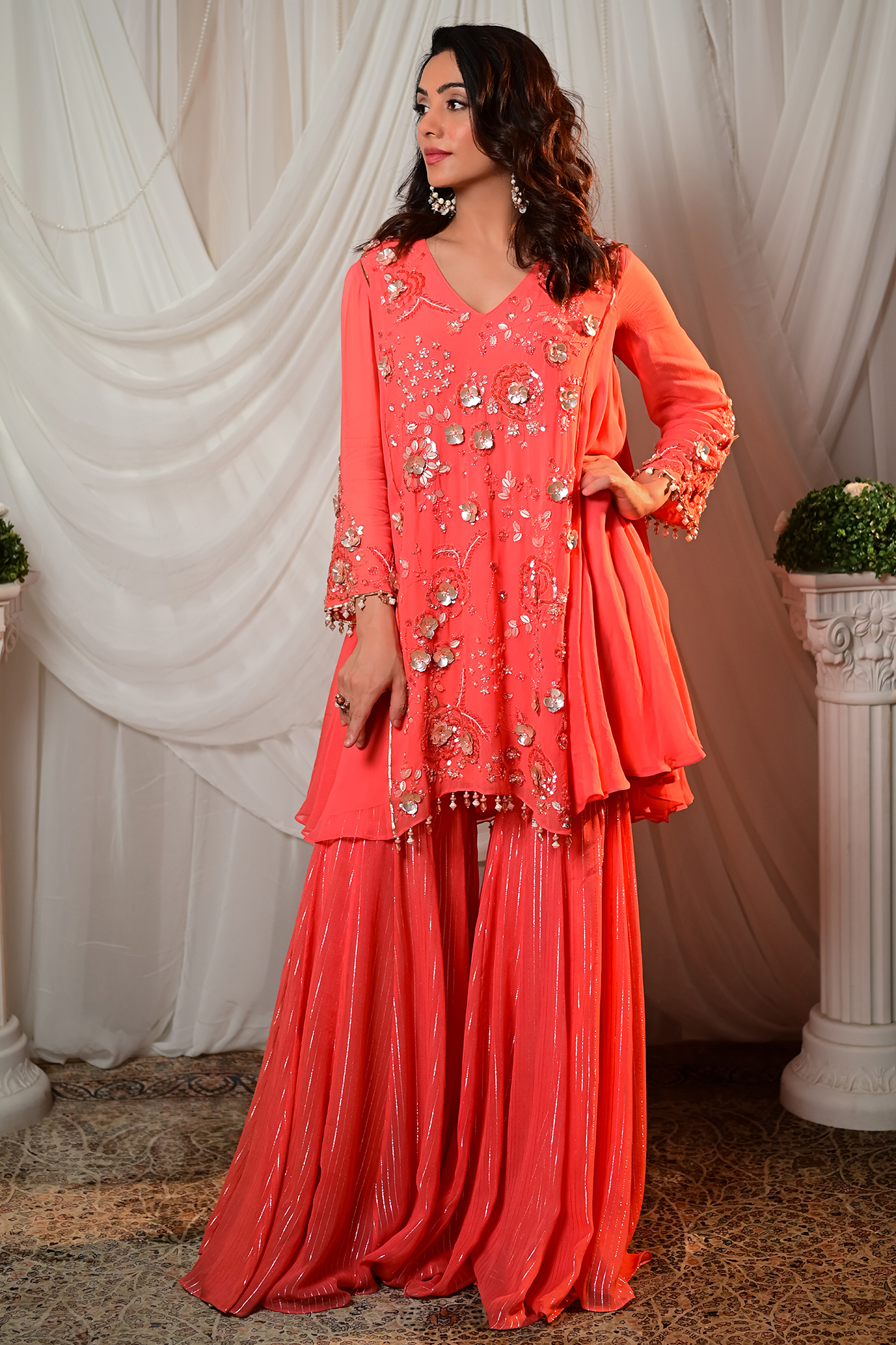 Coral Striped Georgette Embroidered Sharara Set by Shashank Arya at Pernia's Pop Up Shop