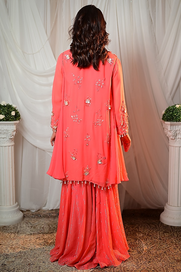 Coral Striped Georgette Embroidered Wedding Sharara Set by Shashank Arya at Pernia's Pop Up Shop