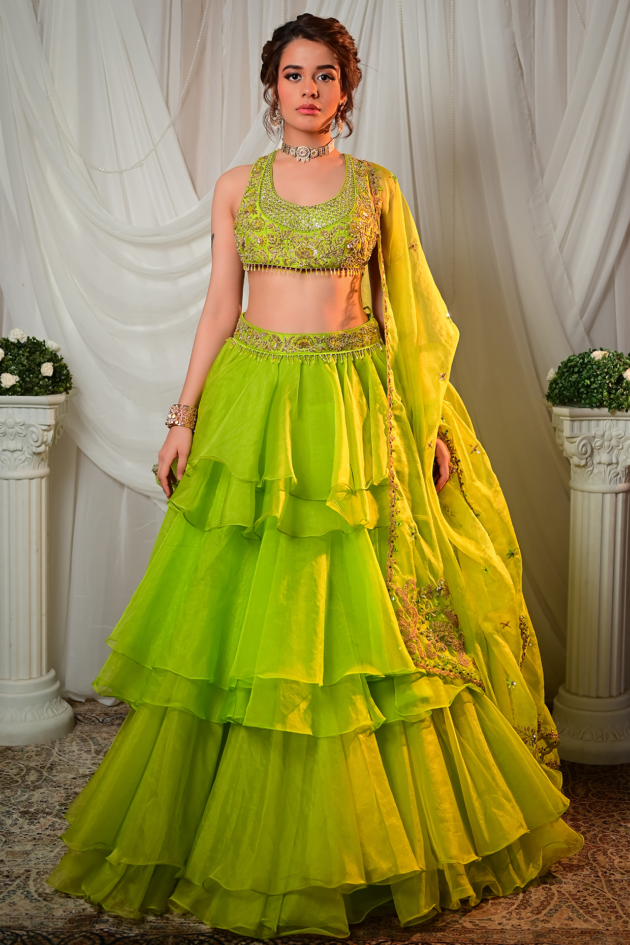 Green Organza Embroidered Layered Frilled Wedding Lehenga Set by Shashank Arya at Pernia's Pop Up Shop