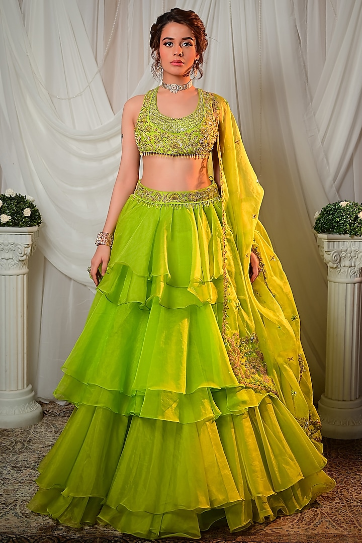Green Organza Embroidered Layered Frilled Wedding Lehenga Set by Shashank Arya at Pernia's Pop Up Shop