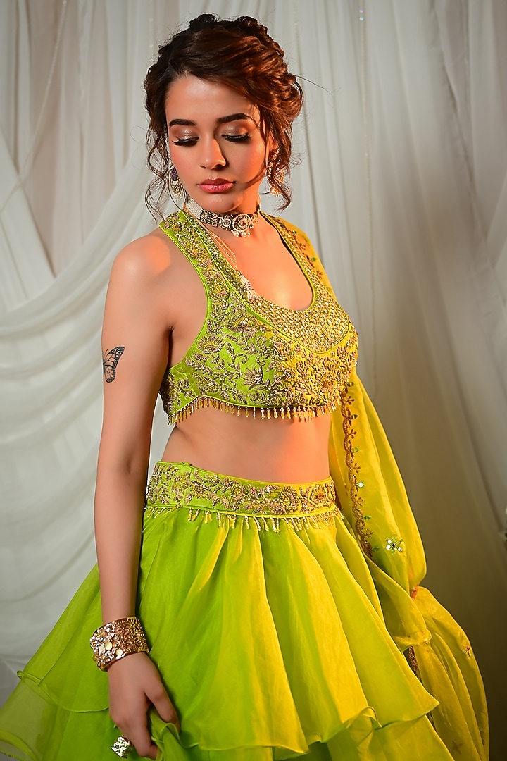 Green Organza Embroidered Layered Frilled Wedding Lehenga Set by Shashank Arya at Pernia's Pop Up Shop
