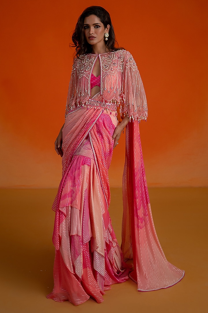 Pink Georgette & Modal Satin Printed Pre-Stitched Layered Wedding Saree Set by Shashank Arya at Pernia's Pop Up Shop