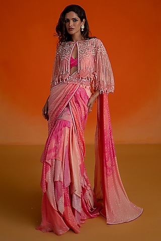 Pink Georgette & Modal Satin Printed Pre-Stitched Layered Saree Set by Shashank Arya