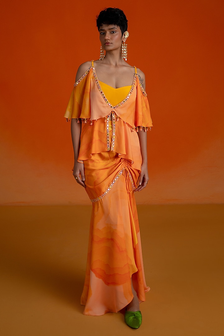 Orange Modal Satin Floral Printed Skirt Set by Shashank Arya at Pernia's Pop Up Shop