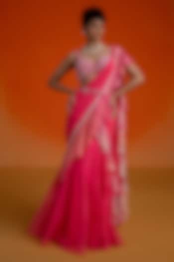 Pink Georgette & Organza Ombre Jamewar Printed Concept Wedding Saree Set by Shashank Arya at Pernia's Pop Up Shop