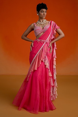 Pink Georgette & Organza Ombre Jamewar Printed Concept Saree Set by Shashank Arya