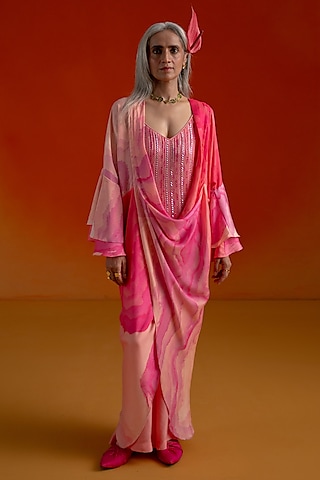 Pink Modal Satin Printed Cowl Draped Jacket Set by Shashank Arya
