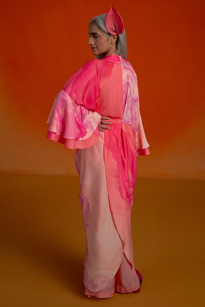Pink Modal Satin Printed Cowl Draped Jacket Set by Shashank Arya at Pernia's Pop Up Shop