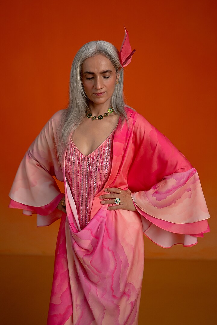 Pink Modal Satin Printed Cowl Draped Jacket Set by Shashank Arya at Pernia's Pop Up Shop
