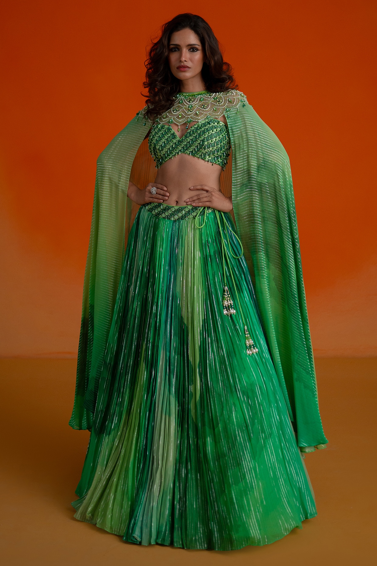 Shashank Arya Green Georgette & Modal Satin Floral Printed Jacket Lehenga Set