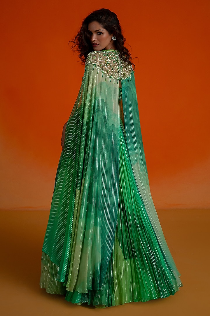Green Georgette & Modal Satin Floral Printed Jacket Wedding Lehenga Set by Shashank Arya at Pernia's Pop Up Shop