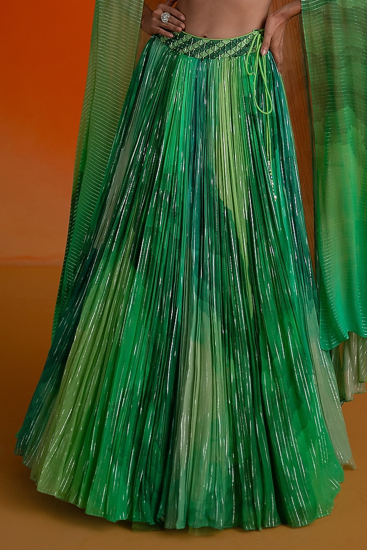 Green Georgette & Modal Satin Floral Printed Jacket Wedding Lehenga Set by Shashank Arya at Pernia's Pop Up Shop