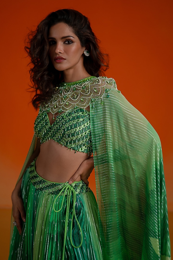Green Georgette & Modal Satin Floral Printed Jacket Wedding Lehenga Set by Shashank Arya at Pernia's Pop Up Shop