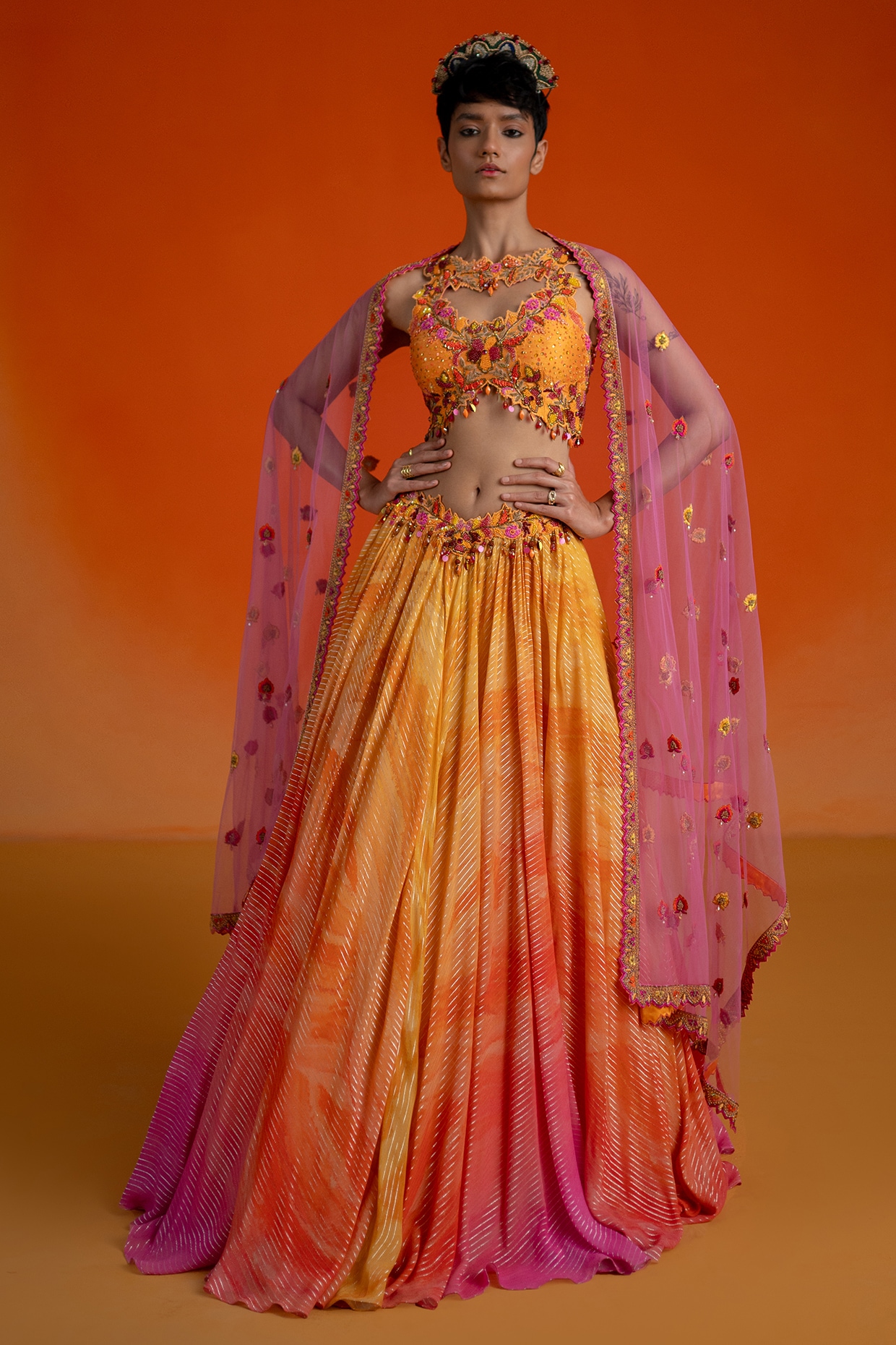 Shashank Arya Multi-Colored Georgette Printed Draped Lehenga Set