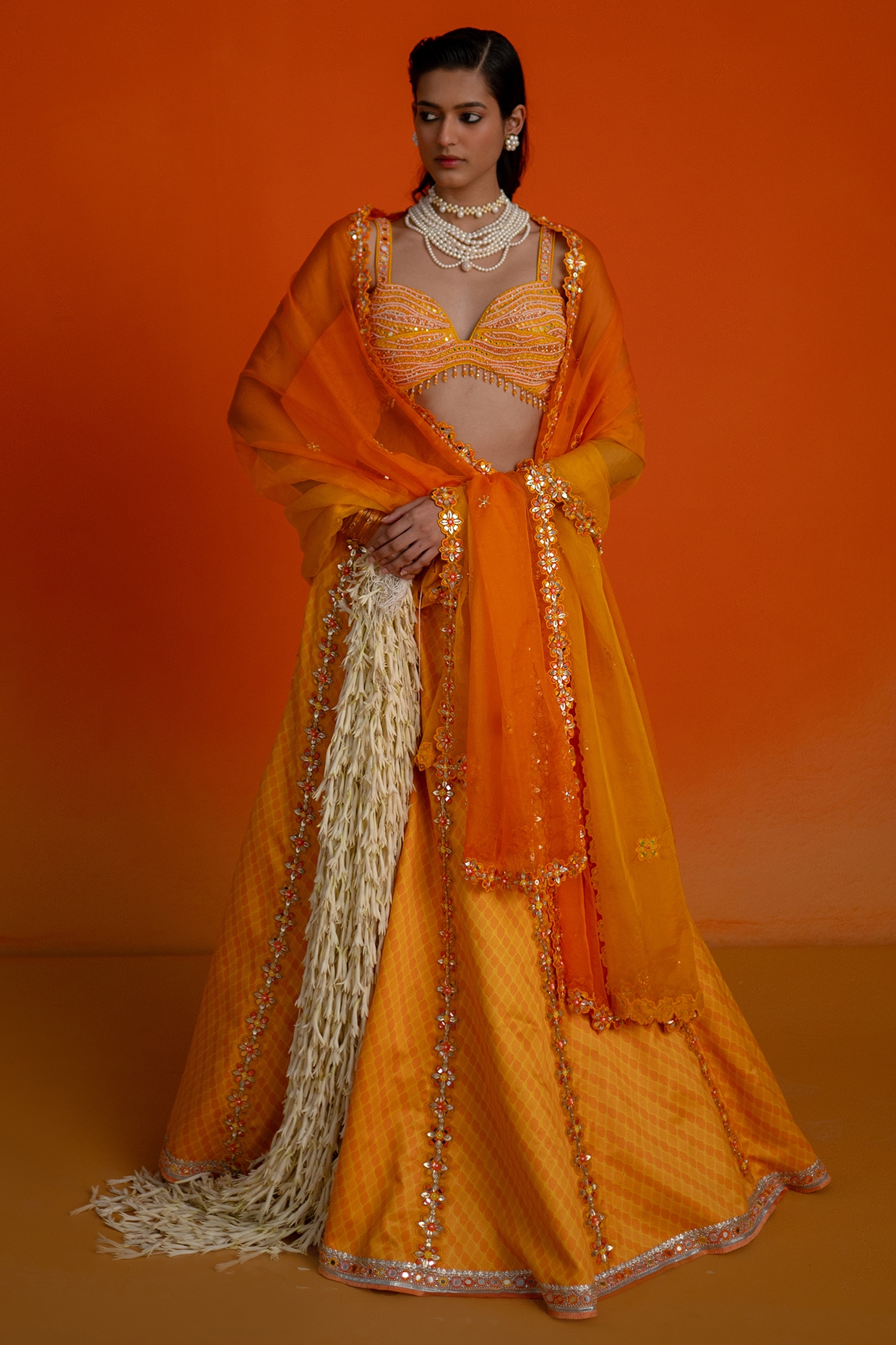Shashank Arya Orange Modal Satin Printed & Embroidered Lehenga Set