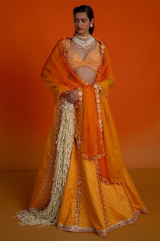 Orange Modal Satin Printed & Embroidered Lehenga Set by Shashank Arya