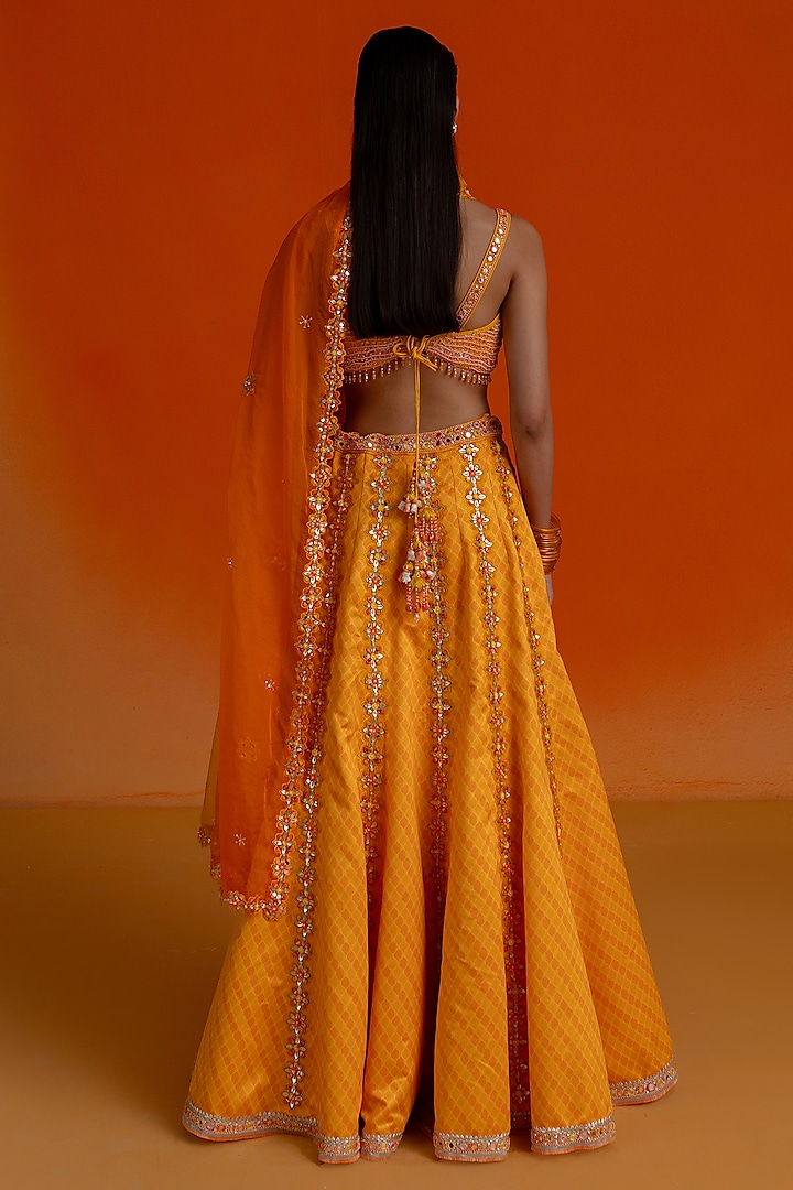 Orange Modal Satin Printed & Embroidered Wedding Lehenga Set by Shashank Arya at Pernia's Pop Up Shop