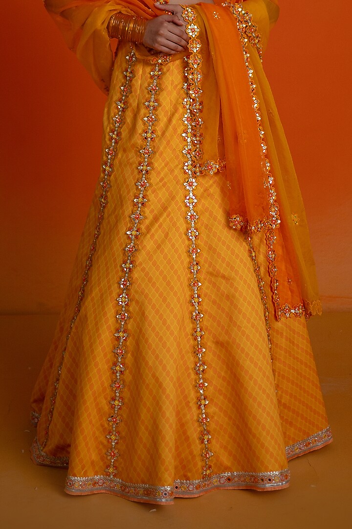 Orange Modal Satin Printed & Embroidered Wedding Lehenga Set by Shashank Arya at Pernia's Pop Up Shop