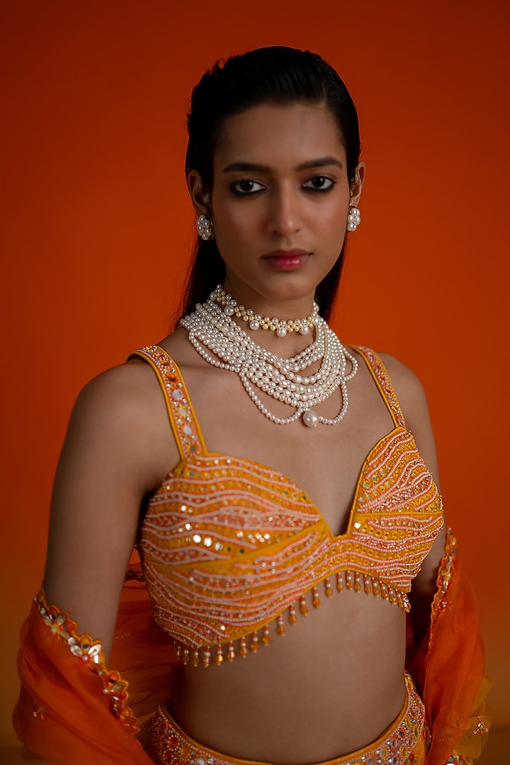 Orange Modal Satin Printed & Embroidered Wedding Lehenga Set by Shashank Arya at Pernia's Pop Up Shop