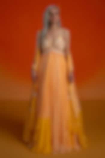 Peach Ombre Georgette Sequins Embellished & Printed Wedding Anarkali Set by Shashank Arya at Pernia's Pop Up Shop