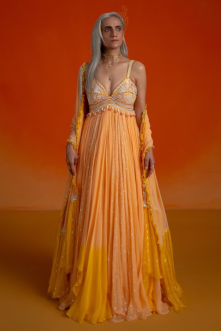 Peach Ombre Georgette Sequins Embellished & Printed Wedding Anarkali Set by Shashank Arya at Pernia's Pop Up Shop