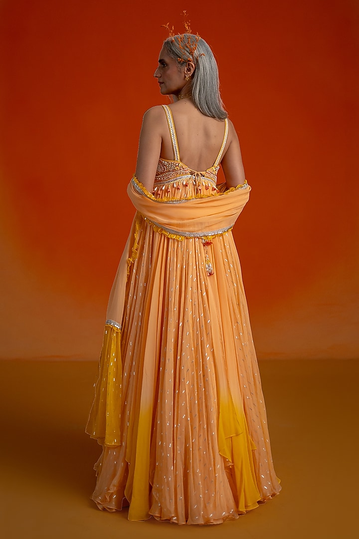 Peach Ombre Georgette Sequins Embellished & Printed Wedding Anarkali Set by Shashank Arya at Pernia's Pop Up Shop