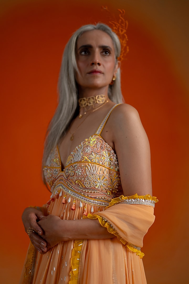 Peach Ombre Georgette Sequins Embellished & Printed Wedding Anarkali Set by Shashank Arya at Pernia's Pop Up Shop