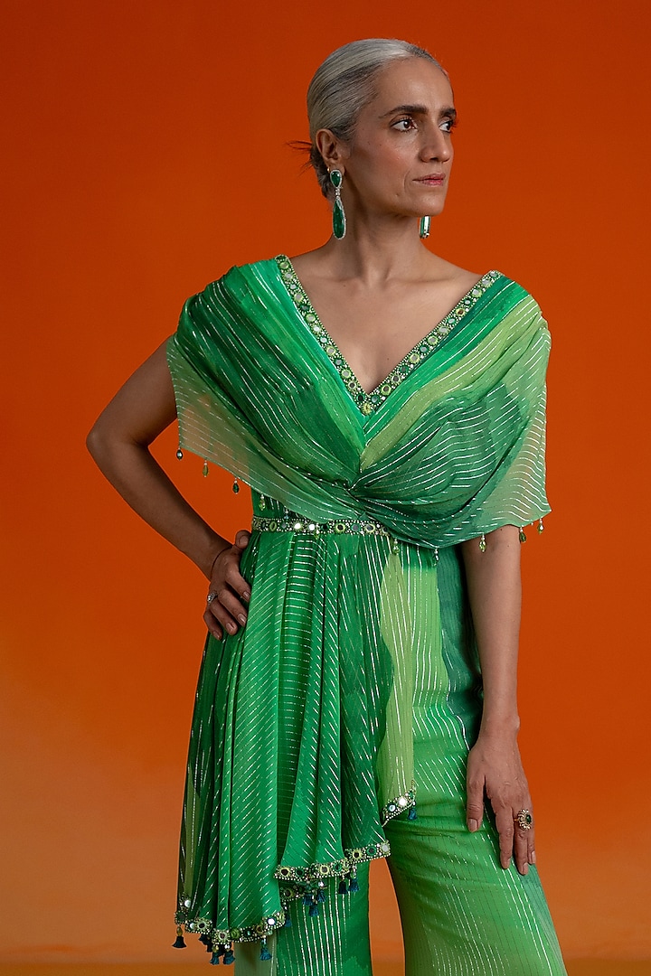 Green Georgette Embellished & Printed Jumpsuit by Shashank Arya at Pernia's Pop Up Shop