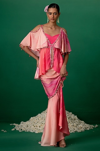 Pink Modal Satin & Crepe Printed Skirt Set by Shashank Arya