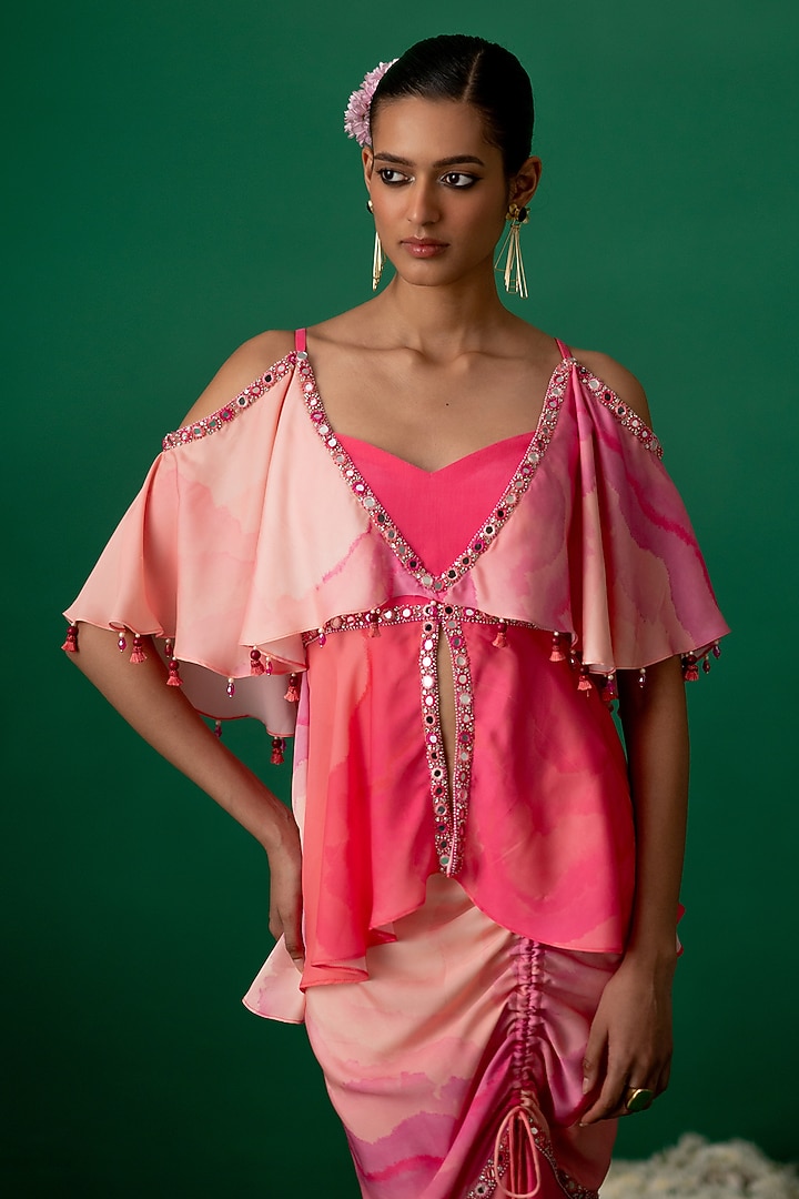 Pink Modal Satin & Crepe Printed Skirt Set by Shashank Arya at Pernia's Pop Up Shop