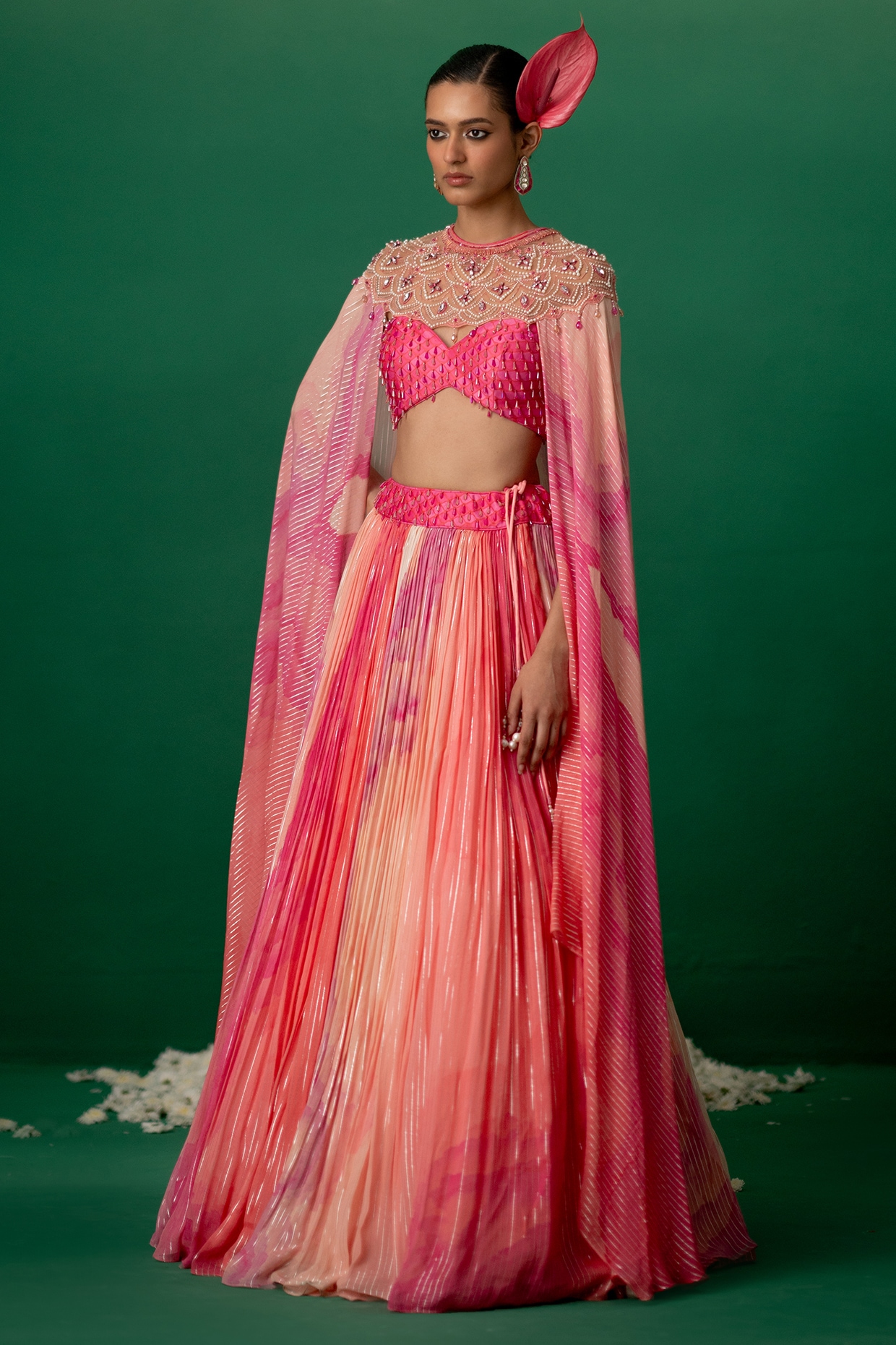 Shashank Arya Pink Georgette Floral Printed Jacket Lehenga Set