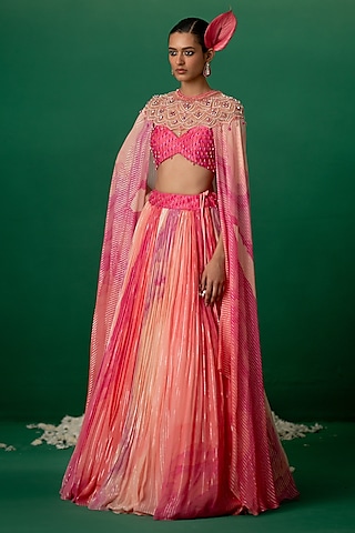 Pink Georgette Floral Printed Jacket Lehenga Set by Shashank Arya