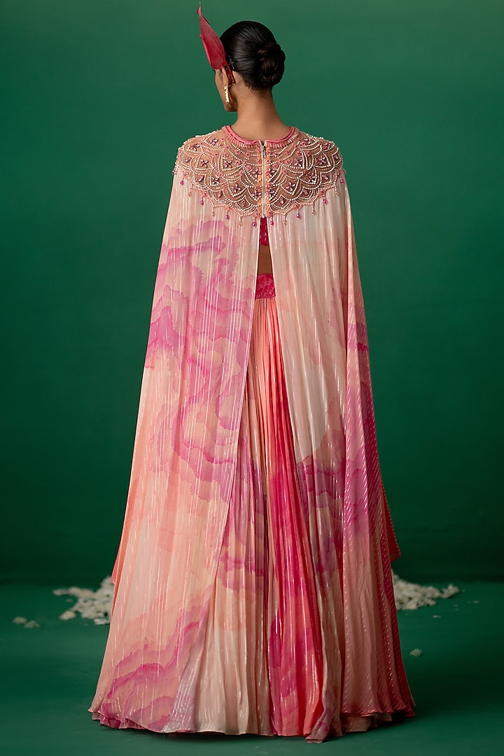 Pink Georgette Floral Printed Jacket Wedding Lehenga Set by Shashank Arya at Pernia's Pop Up Shop
