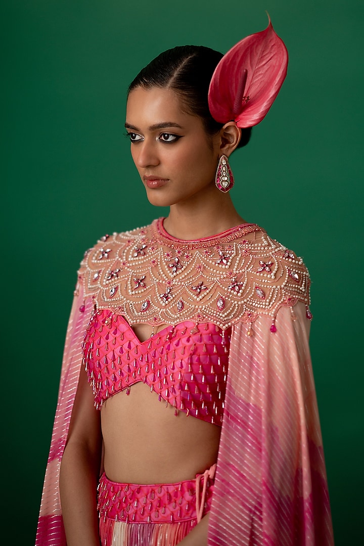 Pink Georgette Floral Printed Jacket Wedding Lehenga Set by Shashank Arya at Pernia's Pop Up Shop