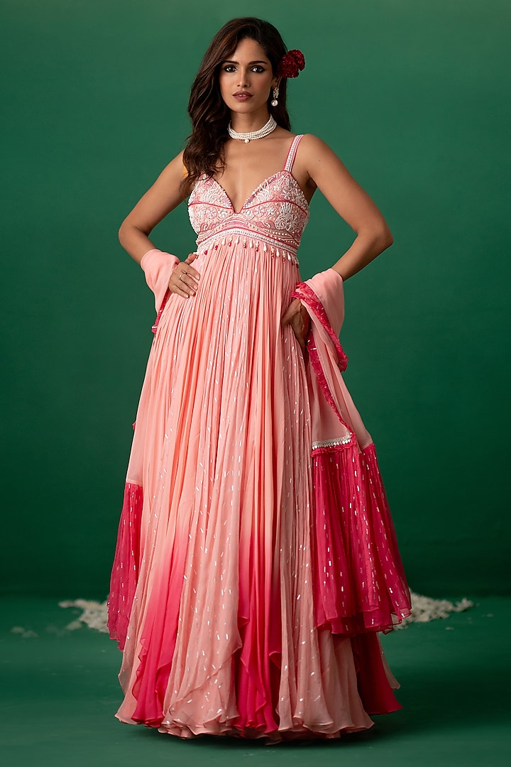 Pink Georgette Embellished & Printed Wedding Anarkali Set by Shashank Arya at Pernia's Pop Up Shop