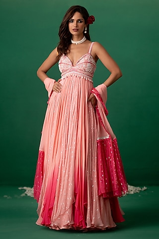 Pink Georgette Embellished & Printed Anarkali Set by Shashank Arya