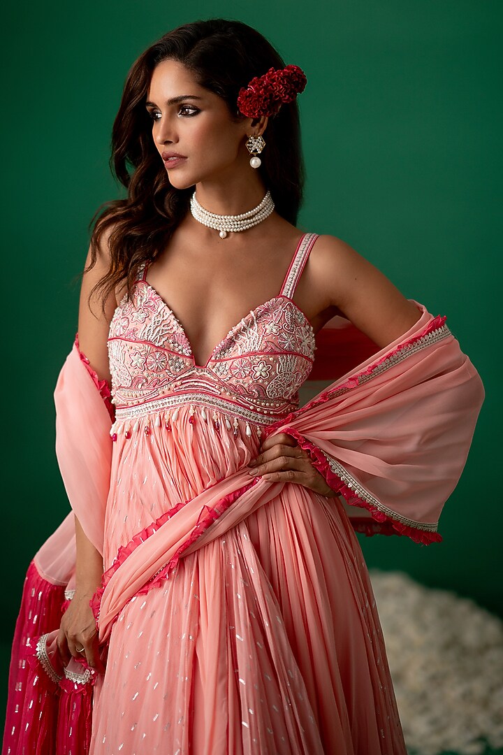 Pink Georgette Embellished & Printed Wedding Anarkali Set by Shashank Arya at Pernia's Pop Up Shop