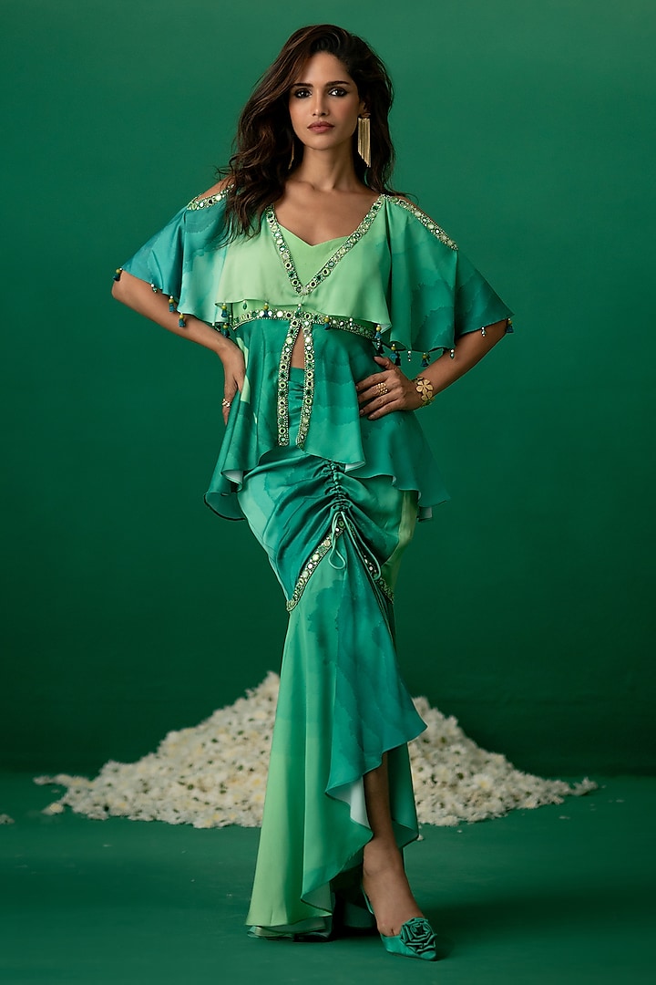 Green Modal Satin & Crepe Printed Skirt Set by Shashank Arya at Pernia's Pop Up Shop
